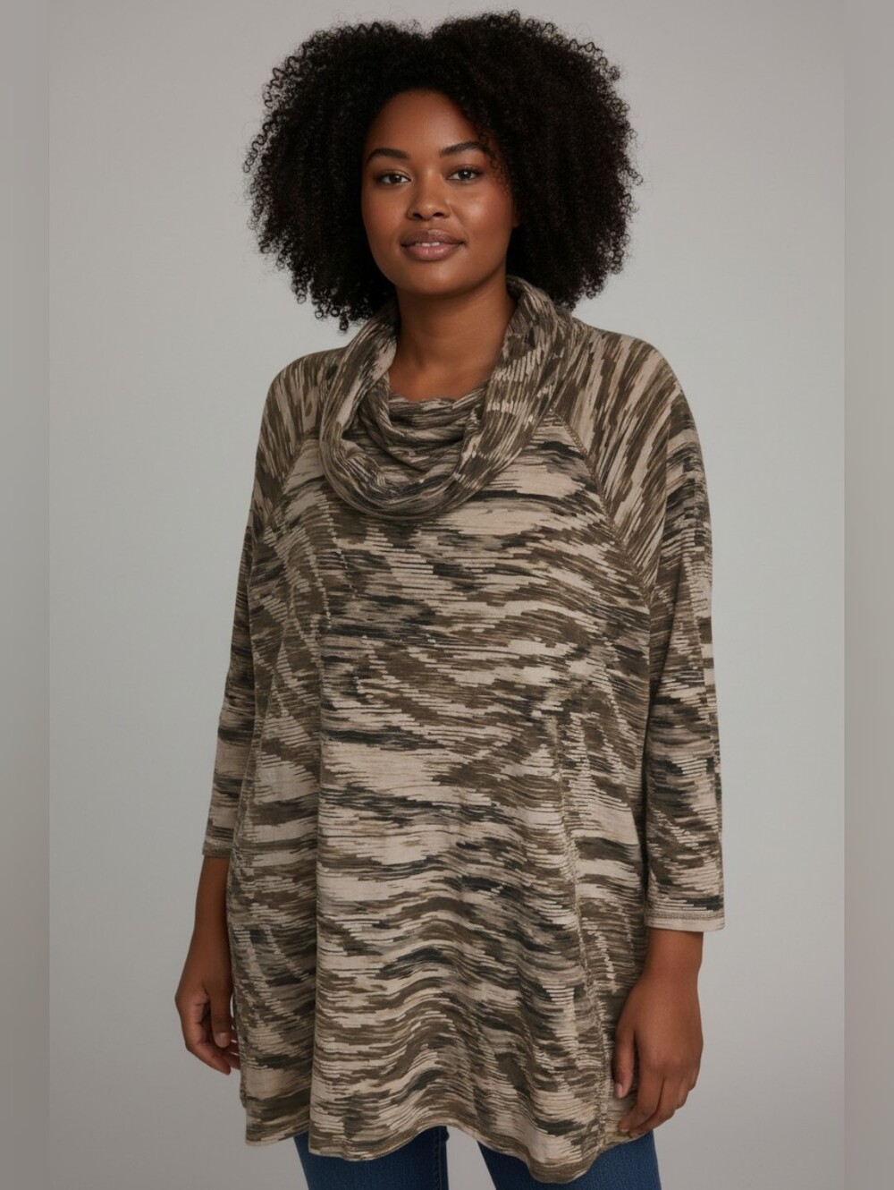 Ruby Rd. Striped Cowl Neck Tunic in Beige and Taupe Size 2X